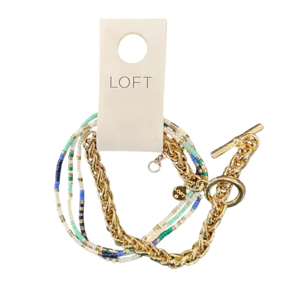 NWT LOFT Gold and Blue Multi Beaded Chain Bracelet Set - Picture 1 of 9